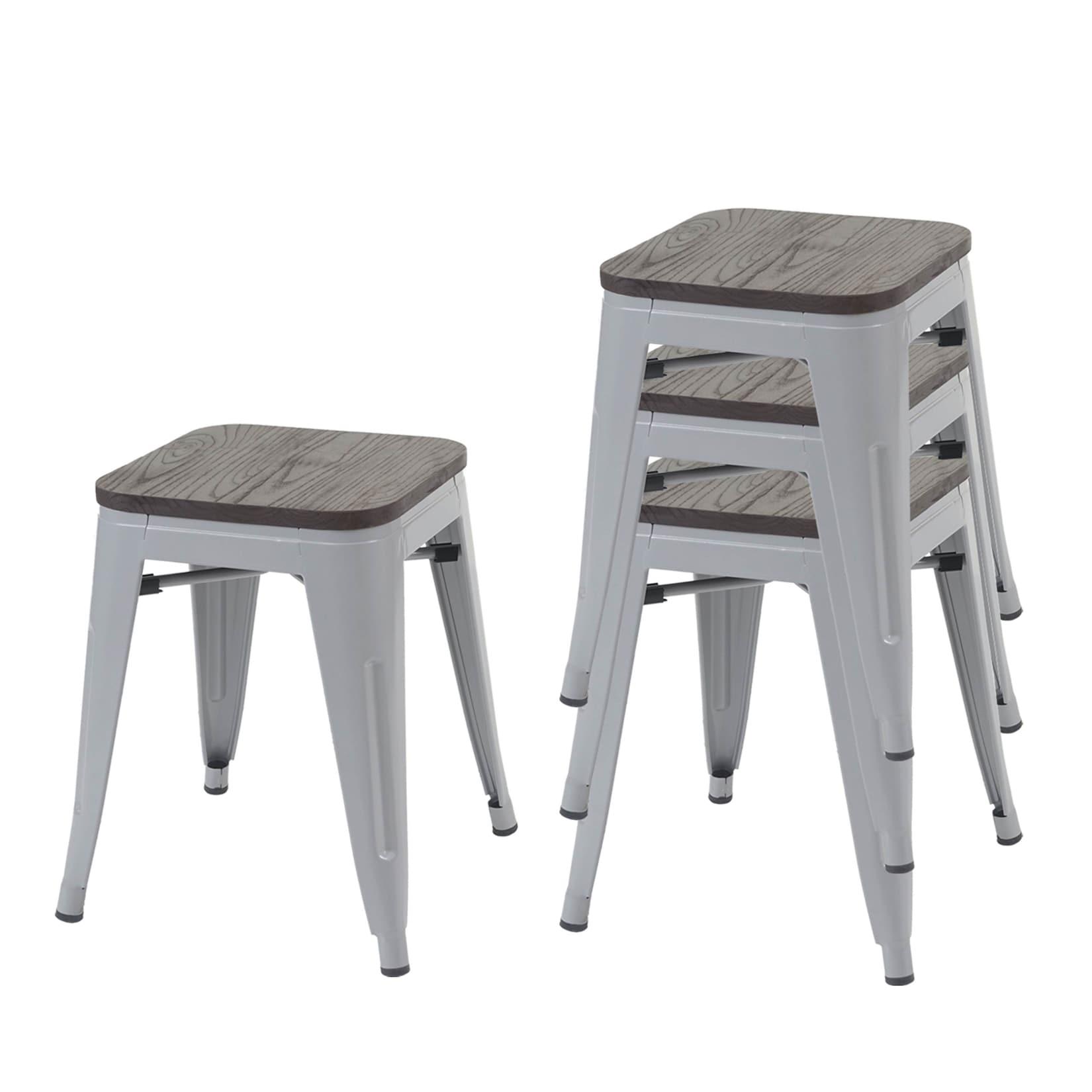 4er-Set Hocker MCW-A73 inkl. Holz-Sitzfläche, Metallhocker Sitzhocker, Metall Industriedesign stapelbar ~ grau