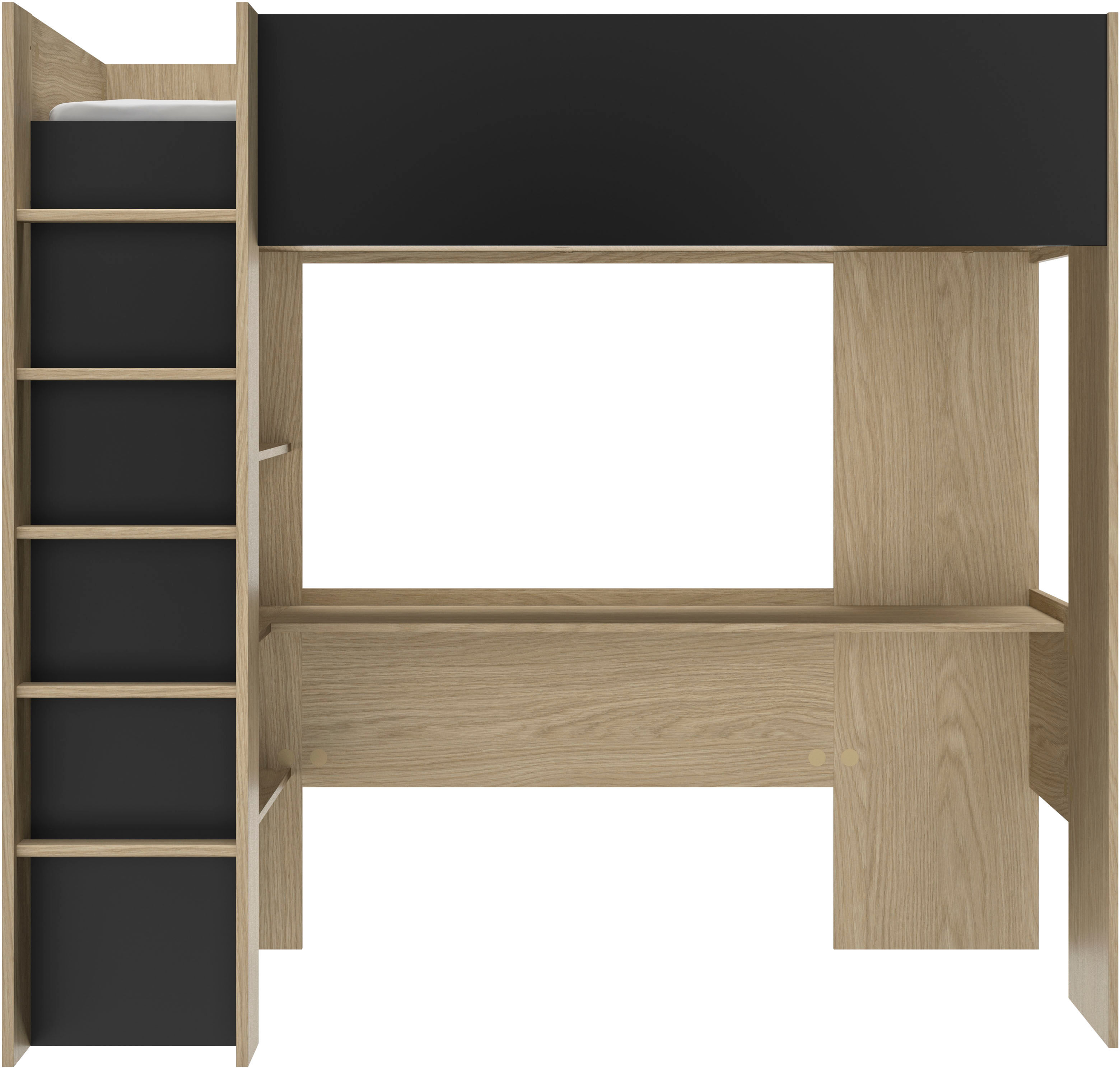 Hochbett GAMI "Nael", braun (eiche rookwood nachbildung, schwarz, eiche rookwood nachbildung, eiche rookwood nachbildung), B:112cm H:192cm L:205cm, Hochbetten, Hochbett, Hochbett 90 / 200 mit Schreibtisch eiche rookwood nachbildung, schwarz, eiche rookwoo