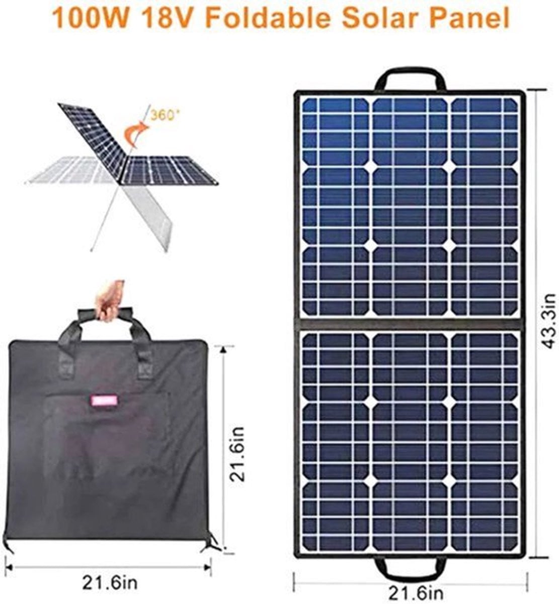 FlashFish 100W Draagbaar Zonnepaneel - Opvouwbaar 4-in-1 Zonnepaneel Pakket met Dubbele USB-uitgangen en Connector - Zwart
