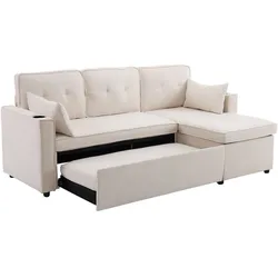 OKWISH Schlafsofa 211x130x86 ausziehbar multifunktional mit Stauraum Chaiselongue Liegefläche Getränkehalter 2 Kissen Beige