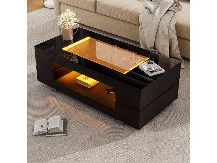 Table basse LED brillant 100x50x35cm Table basse salon rectangulaire bois avec éclairage LED et rangement - noir