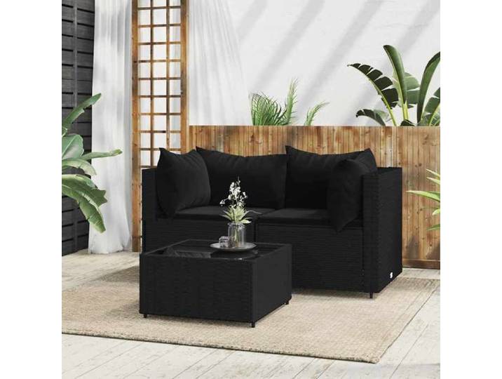 Salon de jardin Noir Résine tressée avec coussins Mobilier exterieur 3 pcs pour Terrasse
