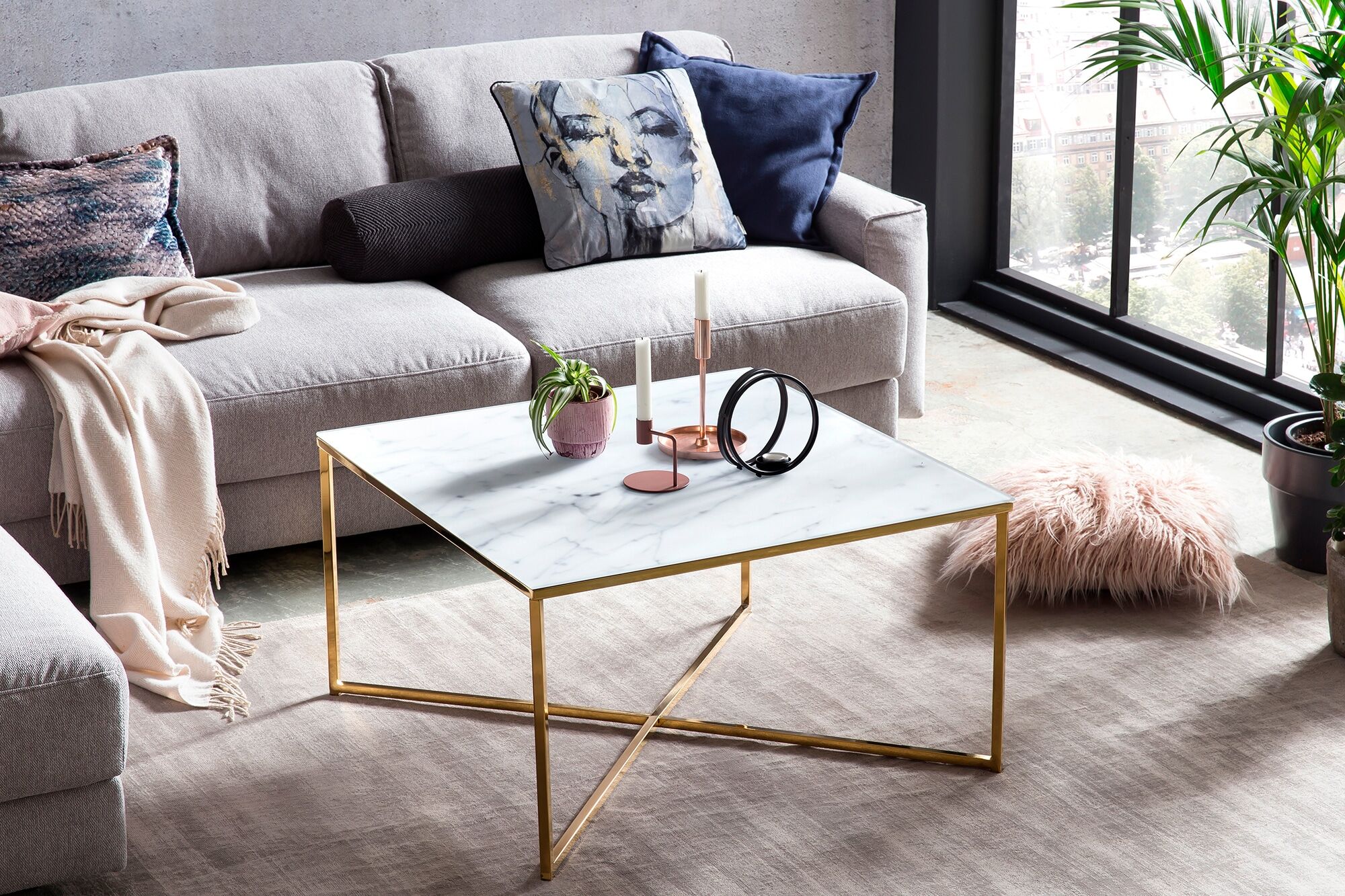 Couchtisch SALESFEVER "Caorle Coffeetable im eleganten Stil", weiss (weiß, gold, gold, weiß), B:80cm H:45cm T:80cm, Tische, Couchtisch, Eleganz trifft Funktion: Tischplatte in Marmoroptik weiß, gold, gold, weiß B/H/T: 80cm x 45cm x 80cm, Weiss/Gold