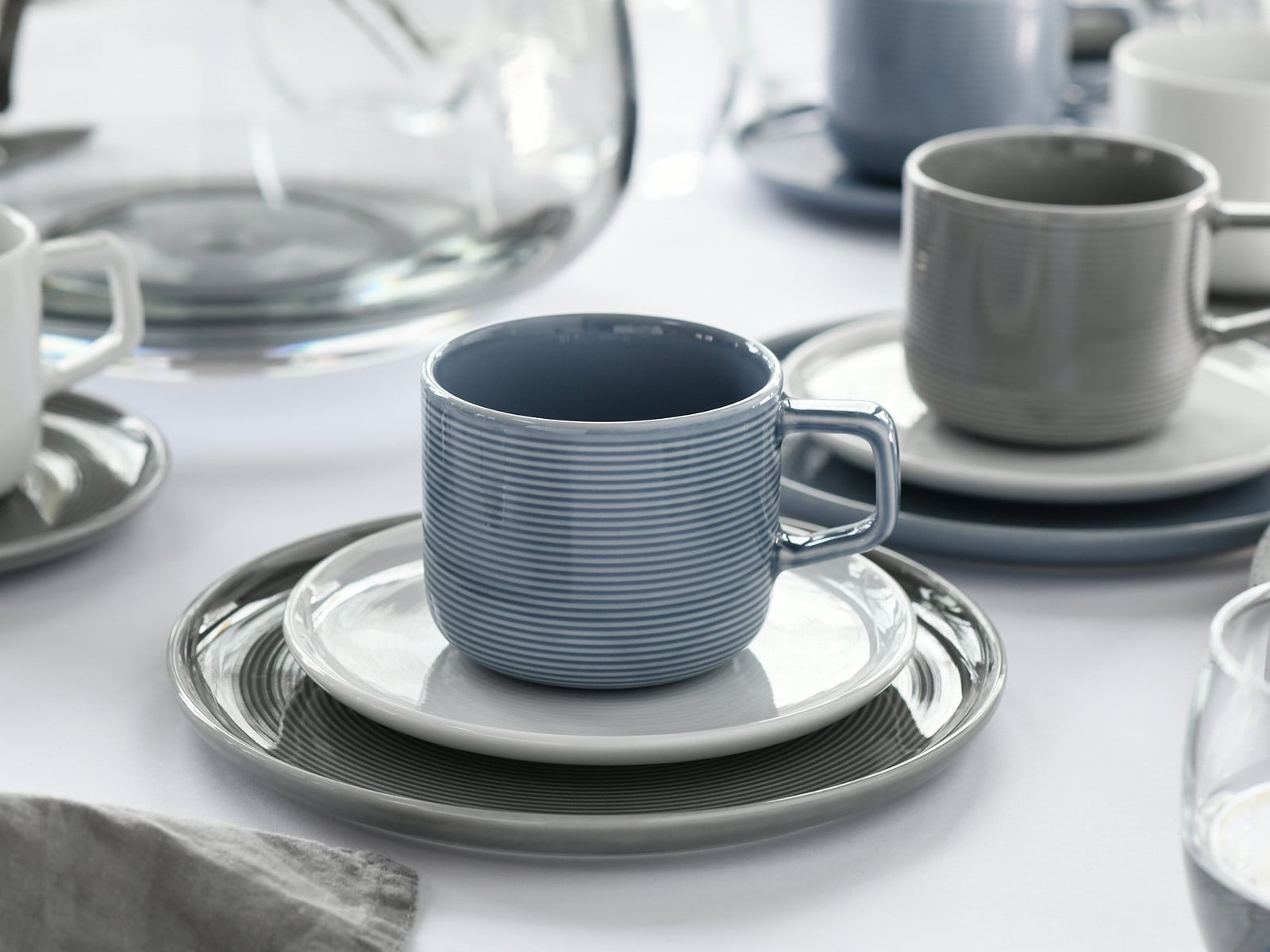 CreaTable Session 18-delig koffieservies van porselein voor 6 personen, wit/blauw/grijs