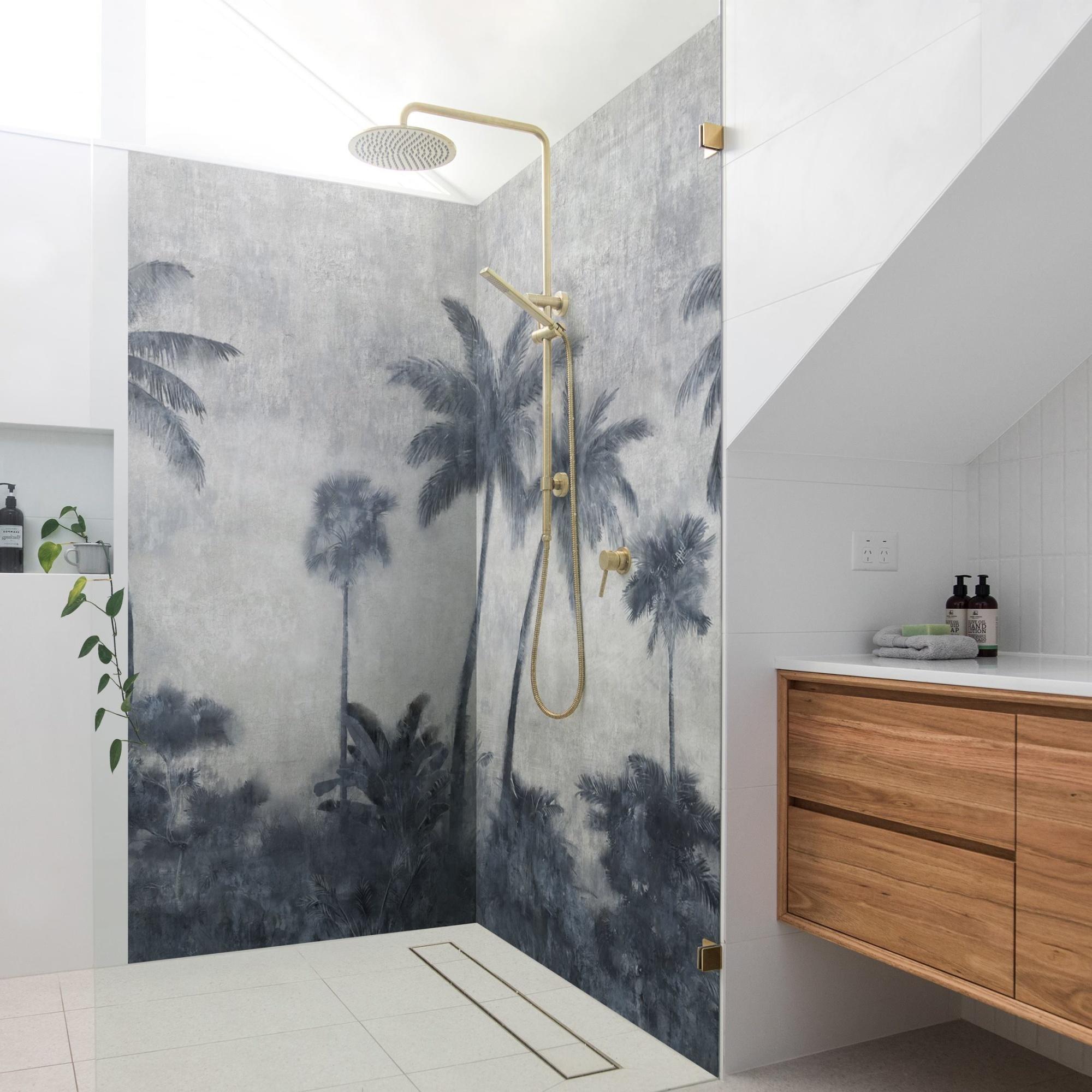 Duschrückwand Wald selbstklebend - 0.35 mm Wandpaneel wasserfest Pflanzen blau Tropisch Badrückwand fugenlos Smart matt 110x210 cm