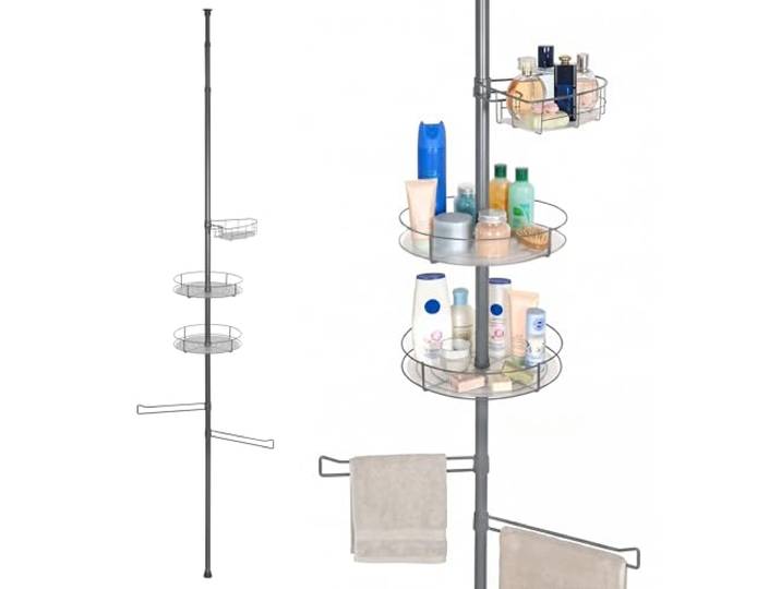 bremermann Teleskop-Badregal mit 3 Körben und 2 Haltern für Handtücher, ideal für Shampoo, Kosmetikartikel, Badutensilien uvm., höhenverstellbar bis max. 290 cm, aus Metall in Grau