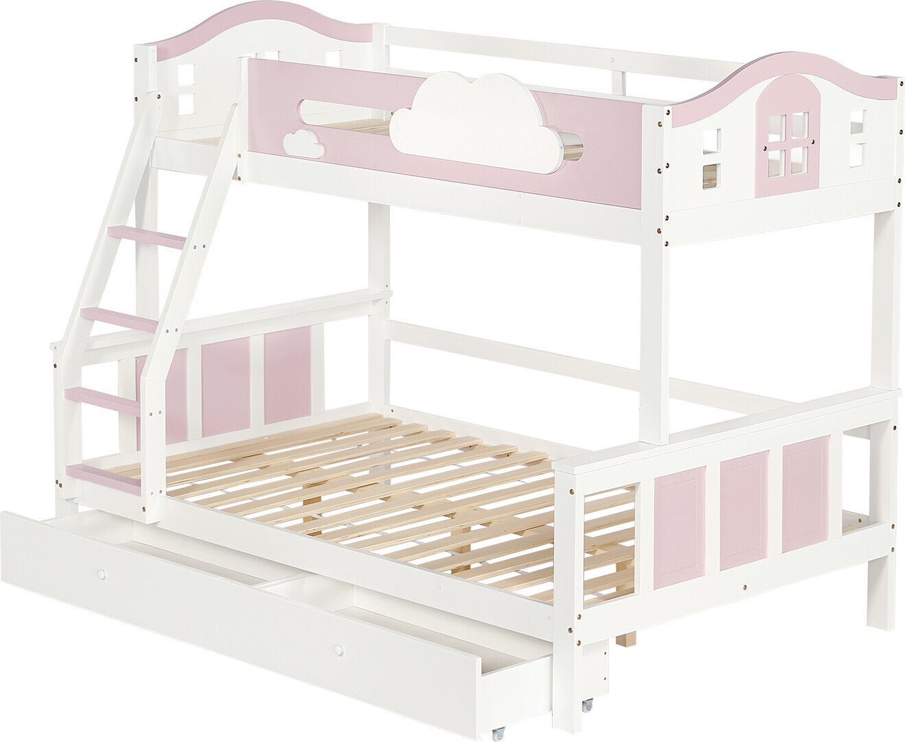 Etagenbett,Kinderbett mit farblich abgesetztem Fallschutzgitter mit Fenster,Mit Wolkendekoration,mit Schrägleiter und Schubladen,Kiefer+MDF