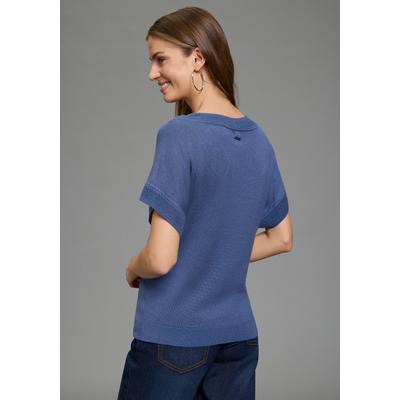Kurzarmpullover LAURA SCOTT "im sommerlichen Tshirt Schnitt", Damen, Gr. 32/34, blau (jeansblau), Feinstrick, Obermaterial: 70% Viskose, 30% Polyamid, unifarben, figurumspielend hüftlang, V-Ausschnitt, Pullover, mit dezentem Ajourmuster als...