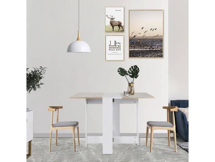 Table Salle à Manger Pliante Extensible - HOMEWELL - Blanc / Chêne - Rectangulaire - Moderne - 4 places
