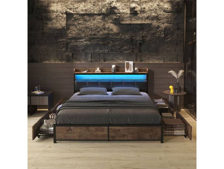Lit double 160x200 - HOFURNI - Noir - lit adulte avec LED - Design contemporain