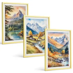 BILDER SET 3er Set - 40x60 cm Goldrahmen - Berglandschaft mit einem Fluss