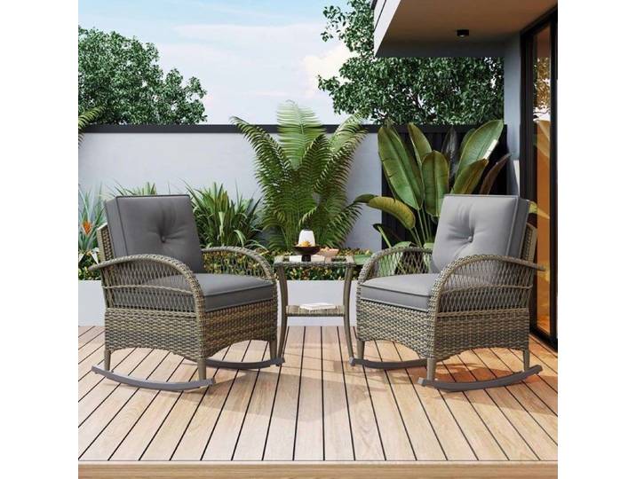 Ensemble de fauteuils à bascule de jardin - 2 fauteuils + table - Acier galvanisé - Rotin tressé - Verre trempé