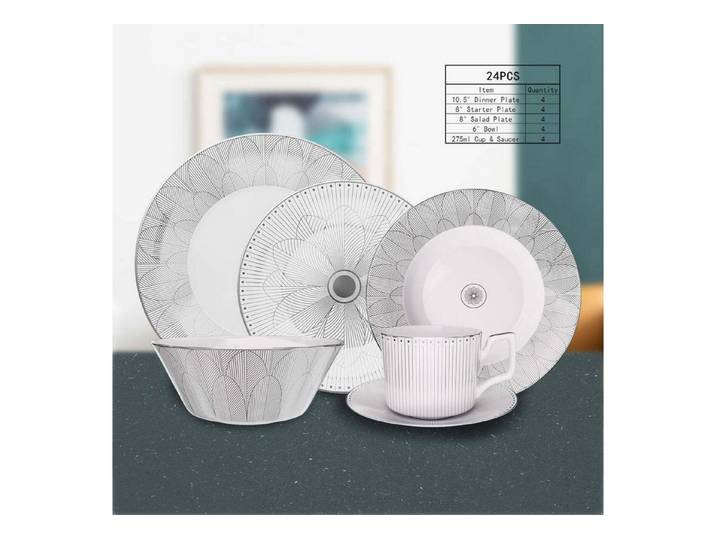 Quality Elegance Speiseteller Bone China Geschirrset Weiß Grau Muster – Teller Schale Tasse, (24 St), Bone-China-Geschirr, Tafelgeschirr, Essservice