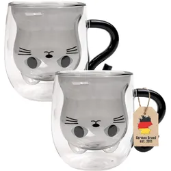 Intirilife Doppelwandiges Thermo Glas Set Design Katze, Trinkgläser, Schwarz