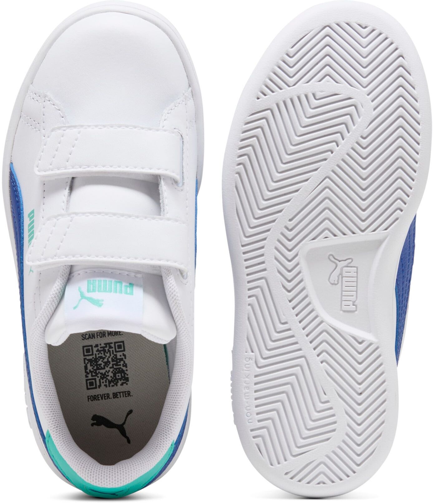 Sneaker PUMA "SMASH 3.0 L V PS", Jungen, Gr. 35, Textil, blau (puma weiß, vivid blau, aquatic), Leder, Schuhe Sneaker, mit Klettverschluss puma weiß, vivid blau, aquatic 35, Textil