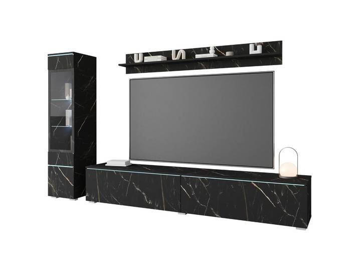 P & B Wohnwand, Schieferfarben, Kunststoff, 3-teilig, 3 Fächer, 210x130x33 cm, Fsc, stehend, hängend, Beleuchtung, Wohnzimmer, Wohnwand, Komplette Wohnwand