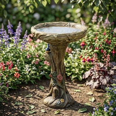 Meedzom 25.5 Inch Tree Trunk Design Concrete Bird Bath for Garden Patio Decor