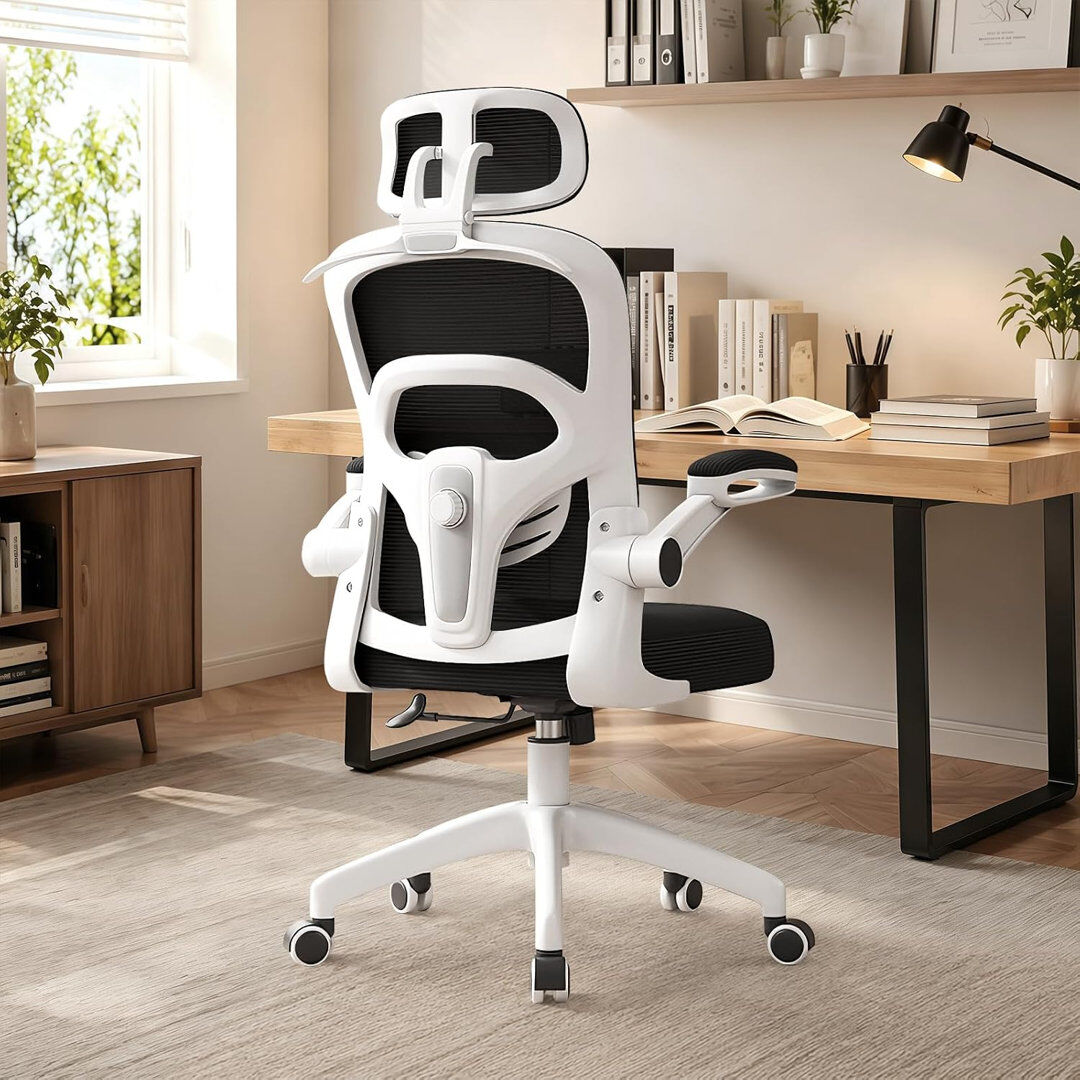 Rebrilliant HDHNBA Breathable Mesh Ergonomic Office Chair Adjustable Headrest Lumbar Support Height Adjustable Armrests White 60cm W X 60cm D