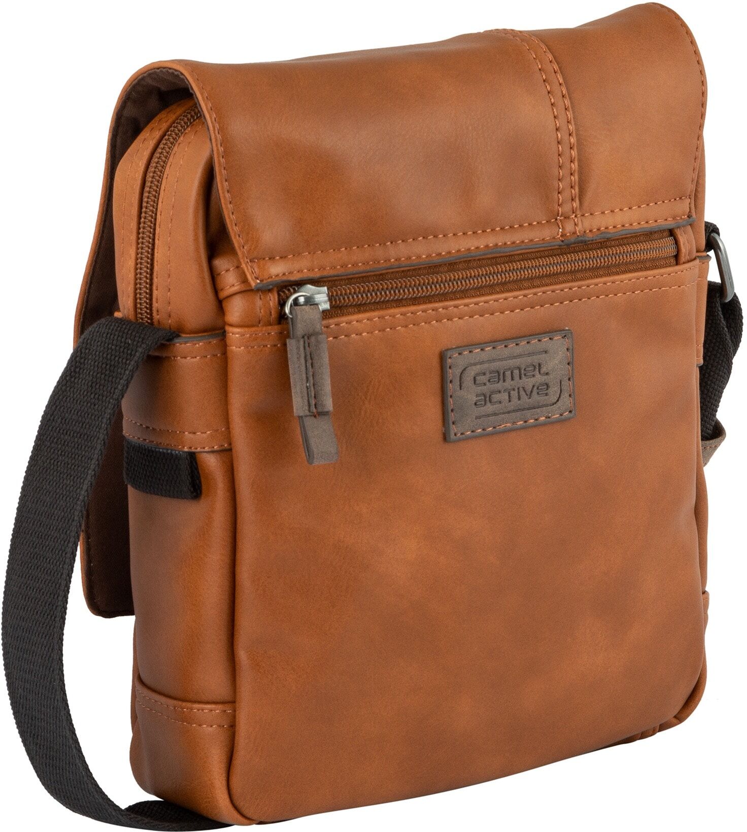 Umhängetasche CAMEL ACTIVE "Laos", Damen, Gr. B/H/T: 21cm x 27cm x 7cm, braun (cognac), Polyurethan, Polyurethan (PU), Retro, Strukturmuster, clean, gepflegt, kontrastfarbene Details, used, Taschen Umhängetasche, praktisch funktionaler Alltagsbegleiter mi