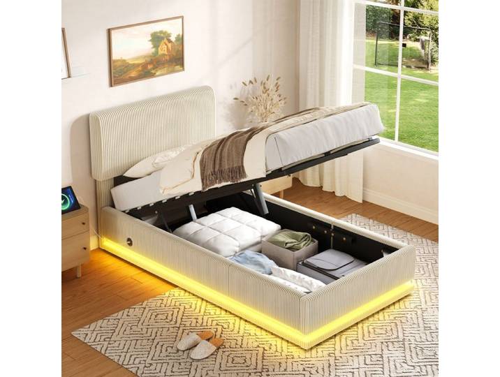 Muvoe Lit coffre en velours côtelé LED USB-C 90x200 -LumiNuit- Lit simple rembourré - sans matelas - Tête de lit réglable - Beige