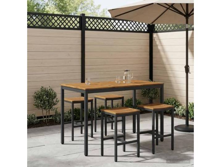 HFUDPOF Gartenbar Tisch Akazienholz mit Stahlbeinen 141 x 80,5 x 105 cm Massives Akazienholz, stabile Stahlbeine, als Bar- und Esstisch nutzbar, natürliche Holzmaserung, pflegeleichte Oberfläche