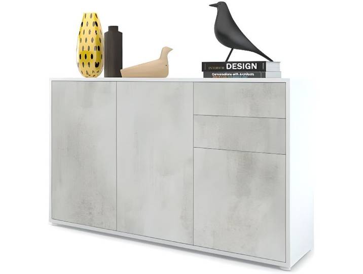 Vladon Commode Buffet Ben V3 Corps en Blanc mat - Façades en Aspect Béton Oxyde