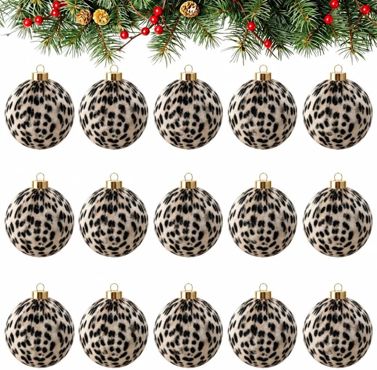 KZQ 15 Stuks Kerstballen met Panterprint, Fluwelen Breukvaste Kerstboomhangers, Diameter: 8 cm