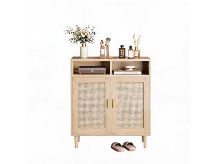IDEALHOUSE Sideboard, Bar-Buffetschrank Rattan, 80x 94x 40 cm Anrichte mit 2 Türen, 2 offene Regalfächer, Kommode Holz Buffetschrank Aufbewahrungsschrank Konsolentisch Kaffeebarschrank, Natur