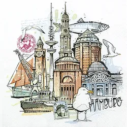 Home Fashion, Hamburg Graphic, Lunch-Servietten aufgefaltetes Maß 33 cm x 33 cm, im Viertelfalz, 20 Stück pro Pack, 12 Pack pro Karton