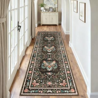 Garvee Tiger Head Floral Washable Low Pile Non-Slip Area Rug