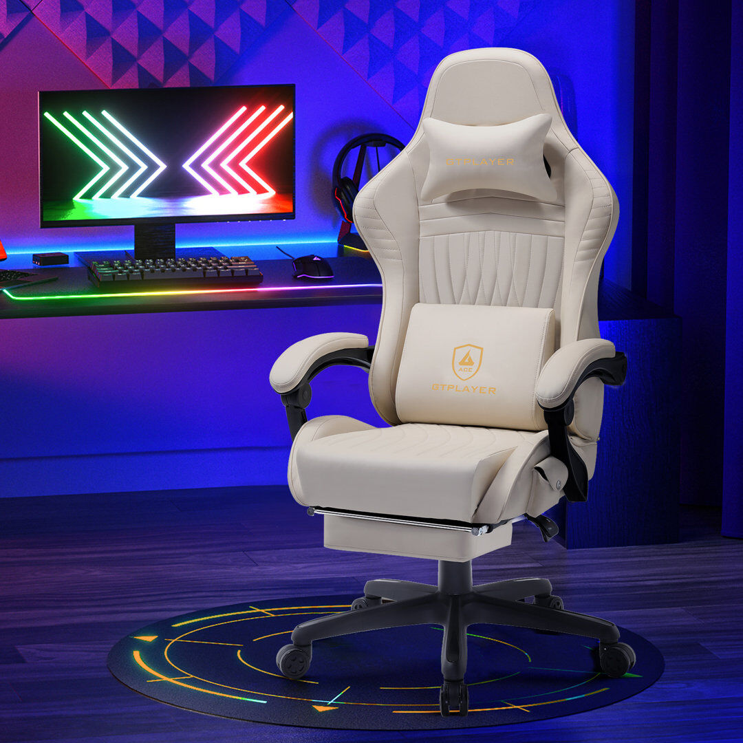 17 Stories Gaming Chair, Computer Chair with Footrest and Bluetooth Speakers, High Back Ergonomic Gaming Chair, Reclining Gaming Chair with Linkage Armrests for White 138cm H X 75cm W X 75cm D