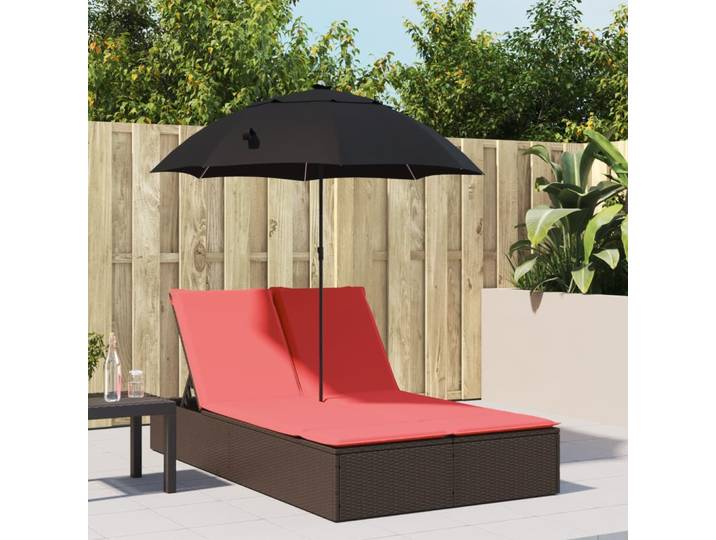 vidaXL Doppel-Sonnenliege mit Kissen & Sonnenschirm Braun Poly Rattan