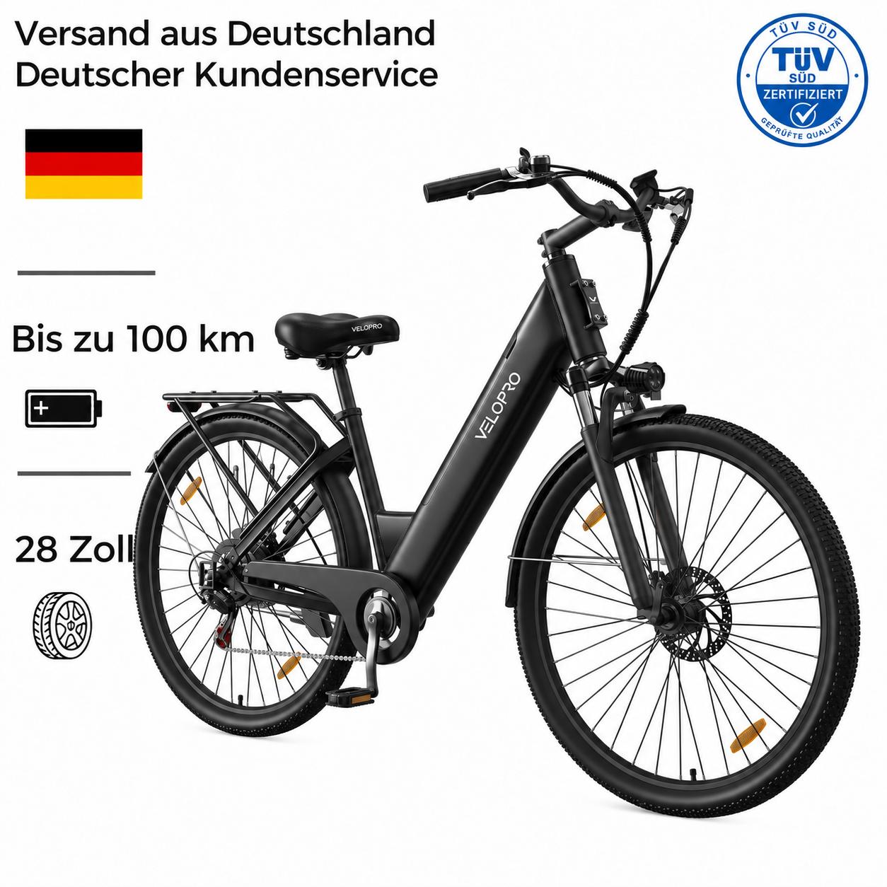 VELOPRO C1 Pedelec 28 Zoll, 36V 13Ah Akku bis 50km Reichweite, Shimano 7-Gang, 250W