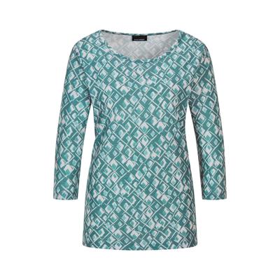 Print-Shirt GOLDNER "Halbarm Viskoseshirt im Allover-Design", Damen, Gr. 40, grün (graugrün, gemustert), Obermaterial: 80% Polyester PES. 15% Viskose CV. 5% Elasthan EL., U-Boot-Ausschnitt, Shirts, U-Boot-Ausschnitt