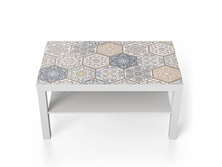 DEQORI Glastisch weiß groß 90x50 cm Motiv Abgenutztes Fliesenmuster ausgefallener Beistelltisch aus Glas Hochglanz Couchtisch fürs Wohnzimmer moderner Couch Tisch mit Design