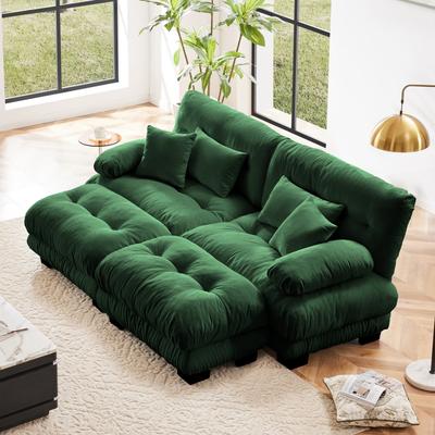 Loedds 2-Seat Chenille Sleeper Sofa with 2 Ottomans & Lumbar Pillows & Deep Seats
