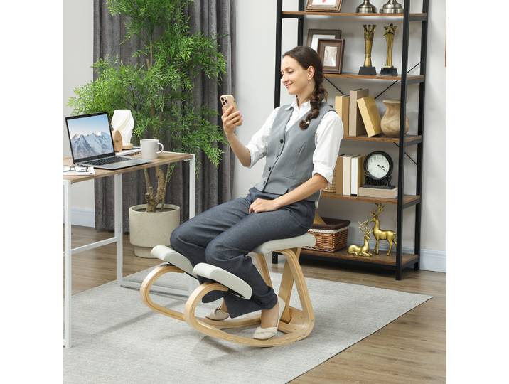 HOMCOM Tabouret Ergonomique Bois à Bascule avec Dossier Crème