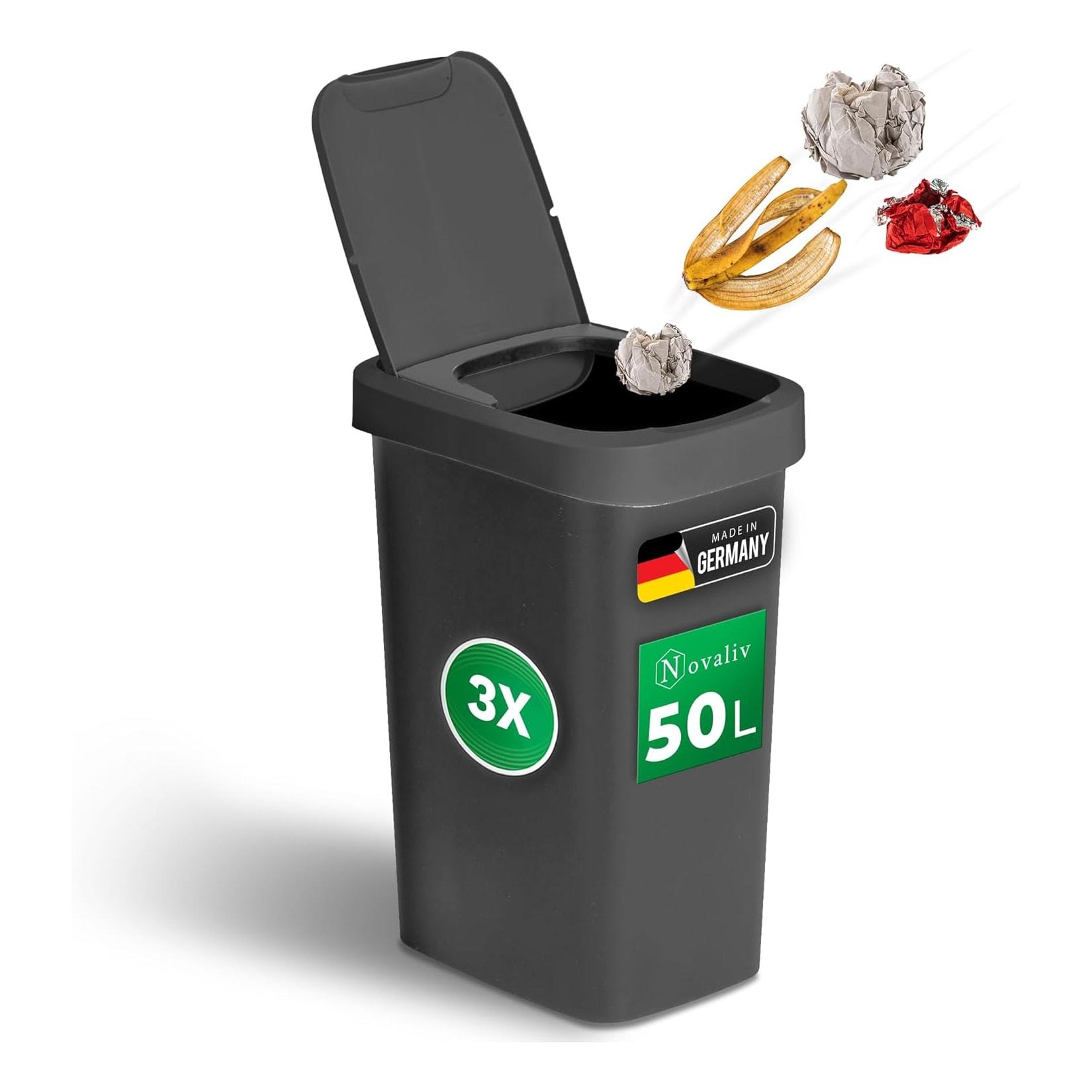 Novaliv 3er-Set Mülleimer 50L mit 2in1 Deckel, Klappdeckel & Schwingdeckel, Anti-Geruch Abfalleimer für Küche Haushalt Büro, Müll Eimer Abfall Trash Bin Kunststoff Abfallbehälter Mülltonne