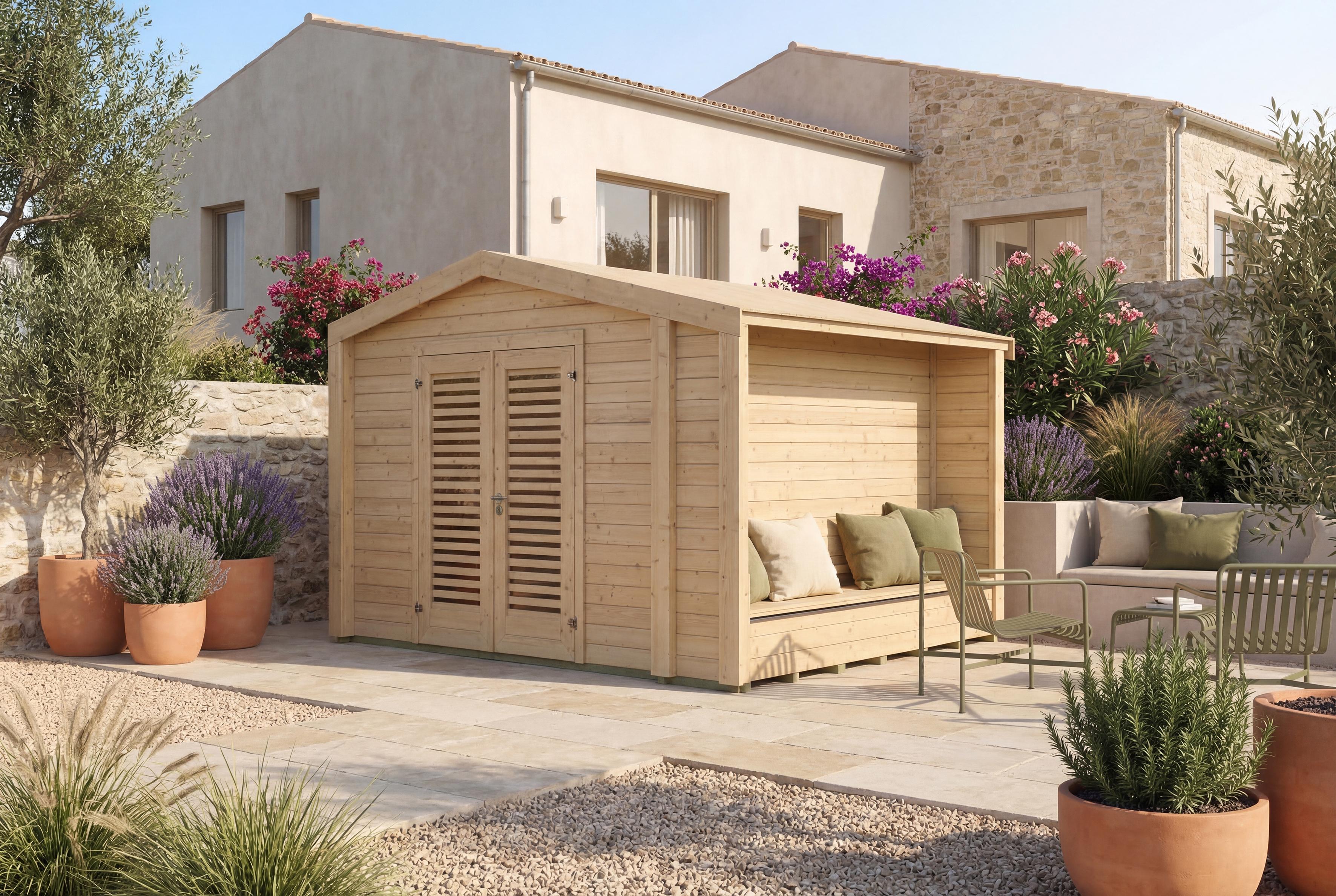 Gartenhaus Killarney, 350x300cm, Naturbelassen, 28mm, Sitztruhe, seitlicher Anbau