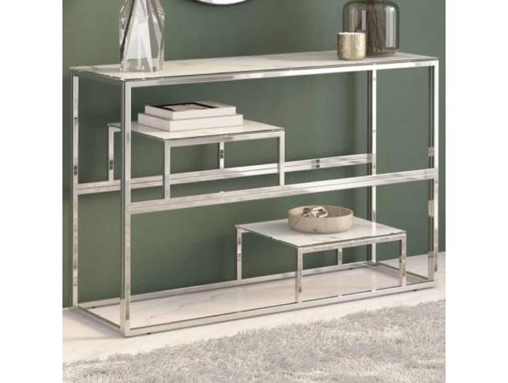 smnyxs Konsolentisch, Edelstahl und Hartglas, Marmor-Finish, Weiß Robuster Rahmen, schmutzabweisende Oberfläche, pflegeleicht, modernes Design, für Flur oder Wohnzimmer