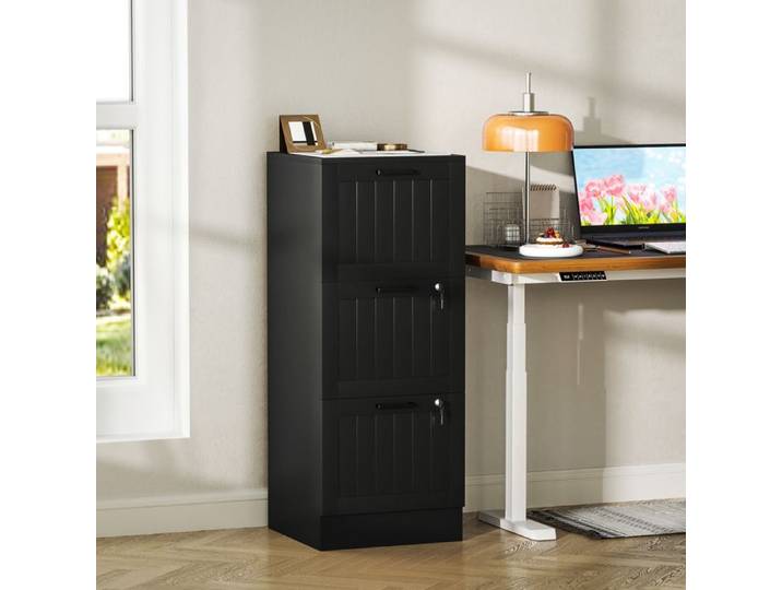 Caisson de classement - 3 tiroirs 40×40×101 cm - Noir - 2 tiroirs verrouillables - Rails pour dossiers A4/Letter