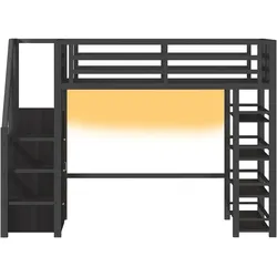 OKWISH Hochbett Metall und MDF Schwarz 140x200 cm, mit Kleiderschrank, Regal, Stauraumtreppe und LED-Beleuchtung