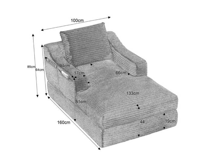 Fauteuil lounge convertible 1 place en velours côtelé vert design double couche avec accoudoirs