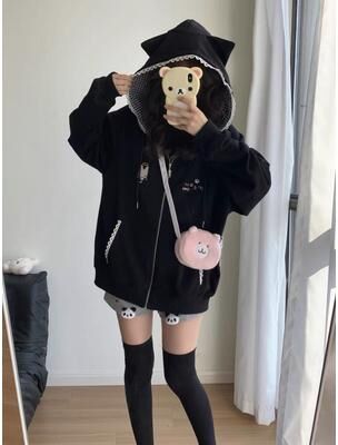 On Spot Shop Cute Cat Ear Hooded Jacket, Women Y2k Black Plaid Coat, Autumn Loose Fit Zipper Top, Mujer Fashion black xxl