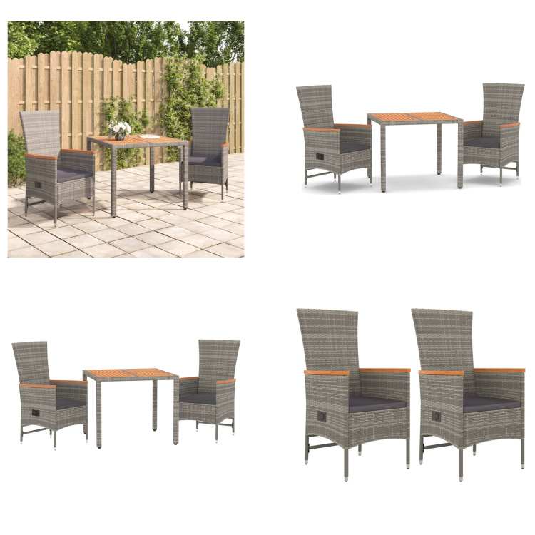 vidaXL 3 tlg. Garten Essgruppe mit Kissen Grau Poly Rattan - Garten Essgruppe - Garten Essgruppen - Essgruppe - Essgruppe Terrasse
