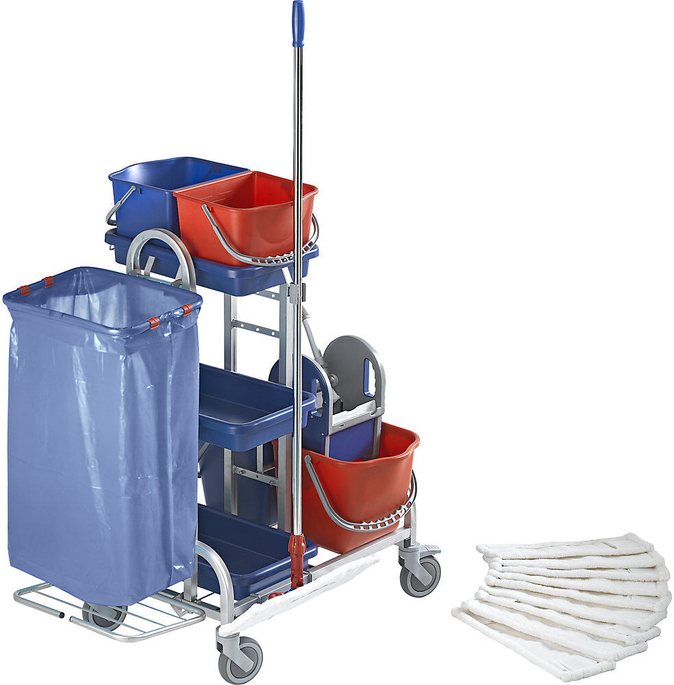 Edelstahl-Reinigungswagen-Set, mit 4 Eimern, Halter und 10 Mopps, Kunststoffrollen eurokraft pro