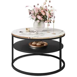 COUCHTISCH COREIL MARMUR mit Ablage Schwarz / Carrara Marmor
