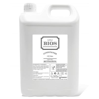 Bios VEGANER Conditioner Kanister 5L, pflegende und feuchtigkeitsspendende Formel, beigefarbenes Produkt, weißer Behälter mit Sichtfenster.