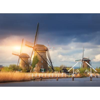 Fototapete PAPERMOON "Windmills Kinderdijk Sunset", bunt, B:2m L:1,49m, Vlies, Tapeten