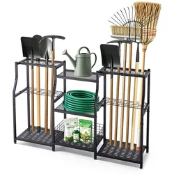 VEVOR Gartengeräte Ständer 1235x290x795mm 3-Stöckiger Gerätehalter Schwarz, Aufbewahrungsregal für Garage Schuppen Garten, Organizer aus Stahl für Besen Mopp Rechen, mit Ablagefächern & Nivellierfüßen